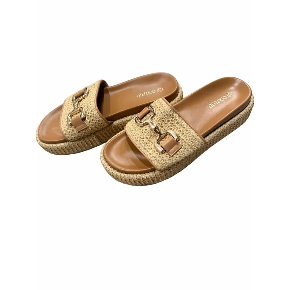 Coutgo Womens Platform Sandals Raffia Espadrilles Slip-on Open Toe Slides 9.5 - Picture 8 of 8
